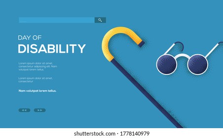 crutch and glasses concept flyer, web banner, ui header, enter site. Thin line icon style concept design. Grain texture and noise effect. 