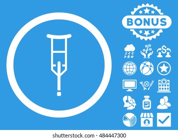 Crutch icon with bonus design elements. Vector illustration style is flat iconic symbols, white color, blue background.