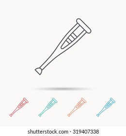 Crutch icon. Orthopedic therapy sign. Medical care equipment symbol. Linear icons on white background. Vector