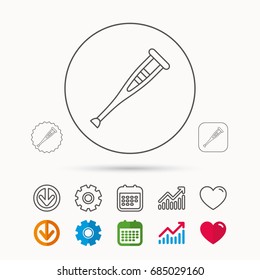 Crutch icon. Orthopedic therapy sign. Medical care equipment symbol. Calendar, Graph chart and Cogwheel signs. Download and Heart love linear web icons. Vector