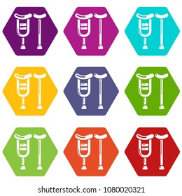 Crutch icons 9 set coloful isolated on white for web