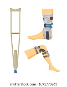 Crutch made of wooden material and adjustments set, orthopedic collection helping objects for patients body parts supporting, vector illustration