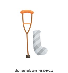 Crutch and a medical plaster bandage on leg icon in cartoon style isolated on white background