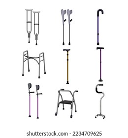 crutch medical set cartoon. support health, injury recovery, care patient, leg accident, fracture crutch medical vector illustration