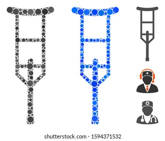 Crutch mosaic of round dots in variable sizes and shades, based on crutch icon. Vector round elements are combined into blue composition. Dotted crutch icon in usual and blue versions.