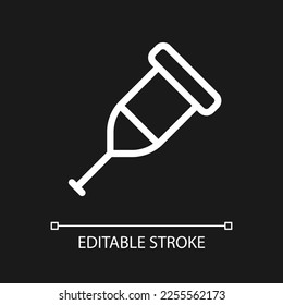 Crutch pixel perfect white linear ui icon for dark theme. Orthopedic device. Injured leg support. Vector line pictogram. Isolated user interface symbol for night mode. Editable stroke. Arial font used