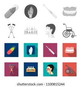 Crutch, tripod with test tubes, wheelchair, human respiratory system. Medicine set collection icons in monochrome,flat style vector symbol stock illustration web.