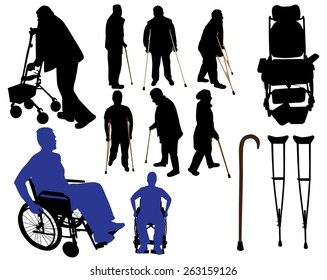 crutches canes wheelchairs vector silhouettes