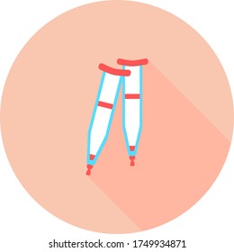 Crutches in circle icon with long shadows. Axillary crutch icon. Vector illustration medical tool for people with disabilities and help after injury. Sign for web page, mobile app, button, logo.