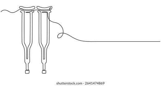 crutches continuous one line drawing, one line drawing crutches for support of injured and elderly people. Medical equipment concept, Continuous one single line drawing of modern elbow crutch, Single