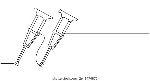 crutches continuous one line drawing, one line drawing crutches for support of injured and elderly people. Medical equipment concept, Continuous one single line drawing of modern elbow crutch, Single