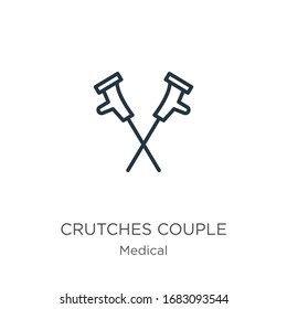Crutches couple icon. Thin linear crutches couple outline icon isolated on white background from medical collection. Line vector sign, symbol for web and mobile