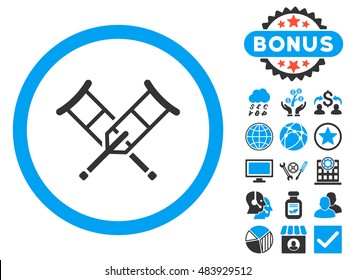 Crutches icon with bonus images. Vector illustration style is flat iconic bicolor symbols, blue and gray colors, white background.