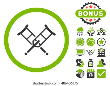 Crutches icon with bonus images. Vector illustration style is flat iconic bicolor symbols, eco green and gray colors, white background.