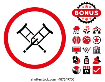 Crutches icon with bonus images. Vector illustration style is flat iconic bicolor symbols, intensive red and black colors, white background.