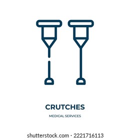 Crutches icon. Linear vector illustration from medical services collection. Outline crutches icon vector. Thin line symbol for use on web and mobile apps, logo, print media.