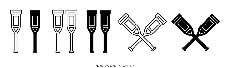 Crutches icon set. Disabled or injured person broken leg support crutches icon vector symbols in line and filled style.