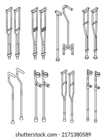Crutches icon set. Isometric set of crutches vector icons outline isolated on white background