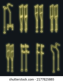 Crutches icon set. Isometric set of crutches vector icons neon on black