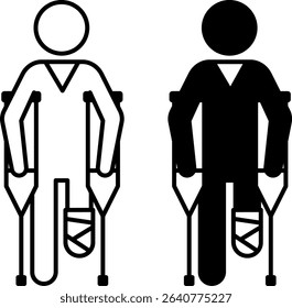 Crutches Icons. Black and White Vector Illustration. Man With Leg Cast Moves On Crutches. Injury, Illness, Medicine. Disability Concept