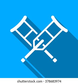 Crutches long shadow vector icon. Style is a flat light symbol with rounded angles on a blue square background.