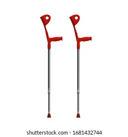 Crutches Medical Tool For Rehabilitation Vector. Elbow Crutches With Plastic Handles. Metal Material Aid Equipment For Walk And Support Disabled People Layout Realistic 3d Illustration