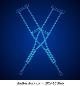 Crutches medical walking sticks for rehabilitation of broken leg. Treatment of people with leg injuries. Wireframe low poly mesh vector illustration.