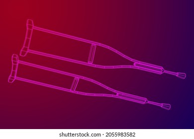 Crutches medical walking sticks for rehabilitation of broken leg. Treatment of people with leg injuries. Wireframe low poly mesh vector illustration.