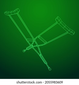 Crutches medical walking sticks for rehabilitation of broken leg. Treatment of people with leg injuries. Wireframe low poly mesh vector illustration.