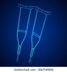 Crutches medical walking sticks for rehabilitation of broken leg. Treatment of people with leg injuries. Wireframe low poly mesh vector illustration.