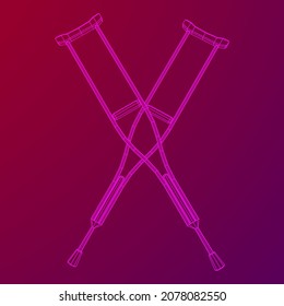 Crutches medical walking sticks for rehabilitation of broken leg. Treatment of people with leg injuries. Wireframe low poly mesh vector illustration.