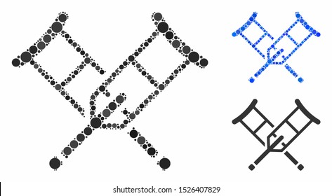 Crutches mosaic for crutches icon of circle elements in various sizes and color tones. Vector circle elements are organized into blue collage. Dotted crutches icon in usual and blue versions.