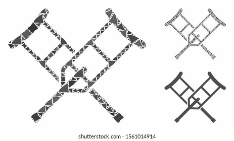 Crutches mosaic of irregular parts in variable sizes and shades, based on crutches icon. Vector irregular items are grouped into mosaic. Crutches icons collage with dotted pattern.