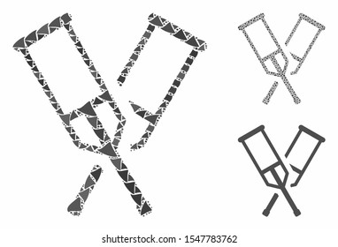 Crutches mosaic of tremulant pieces in various sizes and color tinges, based on crutches icon. Vector humpy pieces are combined into mosaic. Crutches icons collage with dotted pattern.