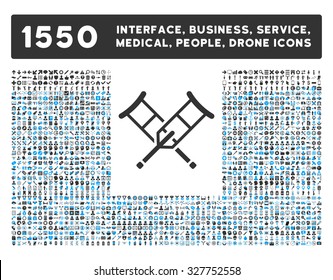 Crutches and other web interface, business tools, people poses, medical service vector icons. Style is flat symbols, bicolored, rounded angles, white background.