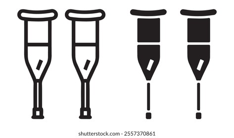 Crutches outline and black filled icon set. Vector illustration.
