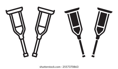 Crutches outline and black filled icon set. Vector illustration.
