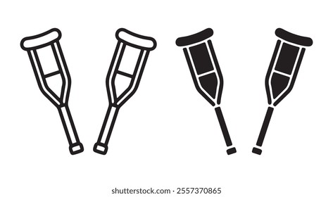 Crutches outline and black filled icon set. Vector illustration.
