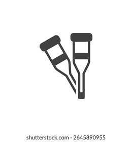 Crutches support solid vector icon. A glyph style medical icon of a walking aid pair. Bold icon symbol and sign used in injury recovery and health care visuals.