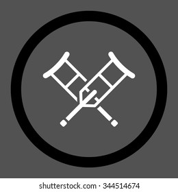 Crutches vector icon. Style is bicolor flat rounded symbol, black and white colors, rounded angles, gray background.