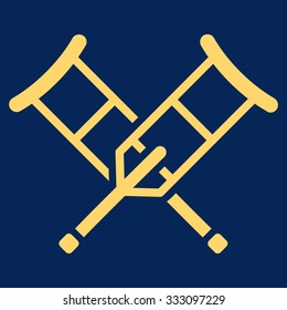 Crutches vector icon. Style is flat symbol, yellow color, rounded angles, blue background.