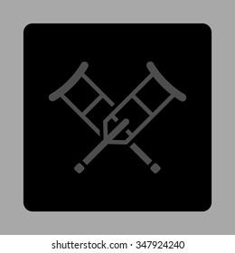 Crutches vector icon. Style is flat rounded square button, gray and black colors, silver background.
