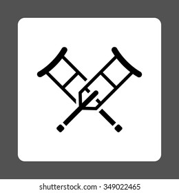 Crutches vector icon. Style is flat rounded square button, black and white colors, gray background.