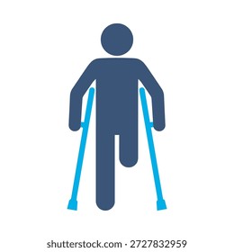 Muletas ícone andando azul plano vetor design lesão símbolo homem fraturado perna deficiência apoio médico recuperação elemento gráfico sinal