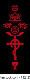 CRUX SERPENTINES: 
Crown, Eye of Providence, The Winged Serpent Cross, Black Pentagram and Holy Grail. 
(Mystical signs and Occult symbols of Illuminati and Freemasonry).