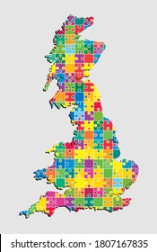 Crwative vector United Kingdom country map made pieces puzzle jigsaw isolated on background. Template Europe trip, pattern, report, infographic, backdrop. European business silhouette sign concept