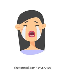 Cry Asian Emoji character. Cartoon style emotion icons. Isolated girl avatars with sad facial expressions. Flat illustration women's emotional face. Hand drawn vector drawing emoticon