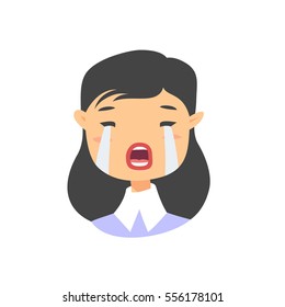 Cry Asian Emoji character. Cartoon style emotion icons. Isolated girl avatars with sad facial expressions. Flat illustration women's emotional face. Hand drawn vector drawing emoticon