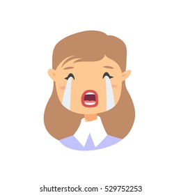Cry Emoji character. Cartoon style emotion icons. Isolated girl avatars with sad facial expressions. Flat illustration women's emotional face. Hand drawn vector drawing emoticon