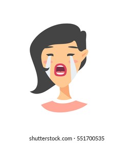 Cry Emoji character. Cartoon style emotion icons. Isolated asian girl avatars with sad facial expressions. Flat illustration women's emotional face. Hand drawn vector drawing emoticon